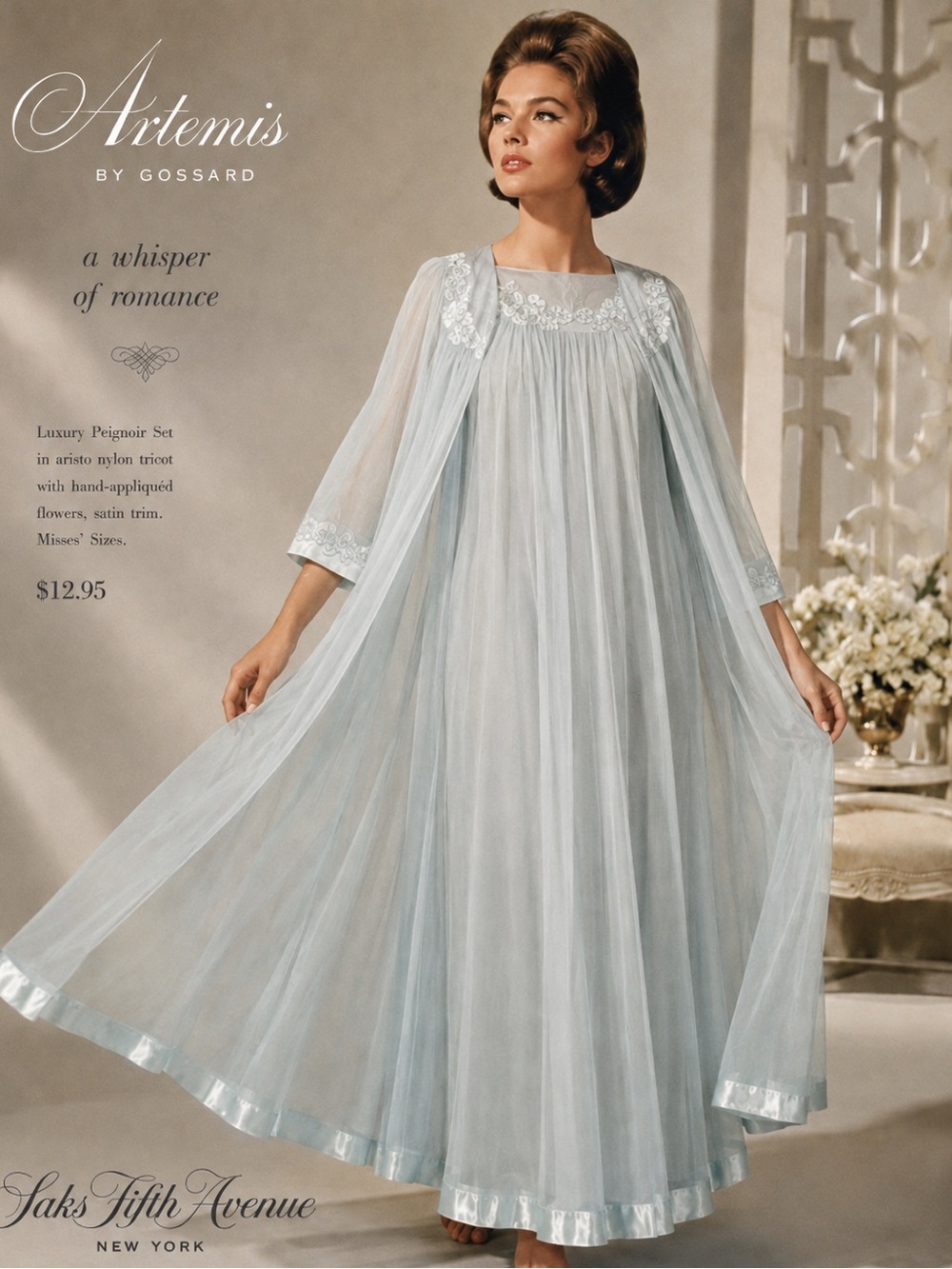 VTG 1960s GOSSARD ARTEMIS Baby Blue Chiffon Peignoir Nightgown and Robe Set Sz M